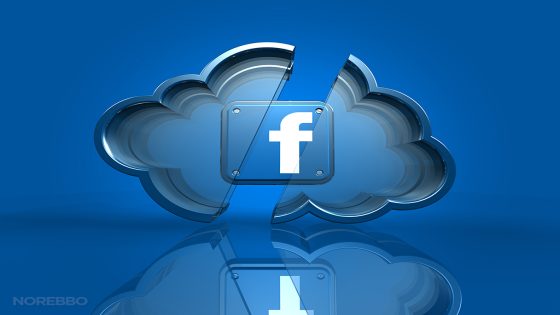 3d illustration of a blue Facebook app icon hovering inside of a split metal and glass cloud over blue background